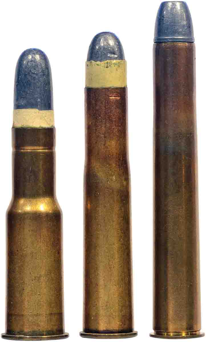 Early .450s include (left to right): the .577/.450 Martini-Henry, .450 Express No. 1, and .450 Express (31⁄4). The last was designed by Alexander Henry and Col. Edward Boxer.